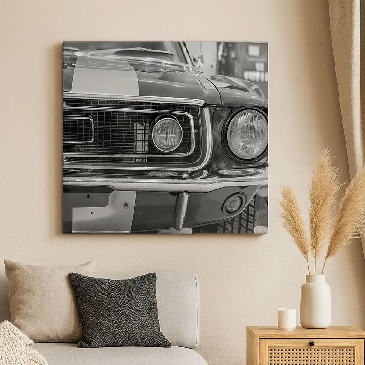 Cuadro sobre lienzo - Impresión de Imagen - Capó de coche clásico en blanco y negro - 70x50cm - Paseo rudo - Decoración de pared moderna para salón y dormitorio ARTTOR