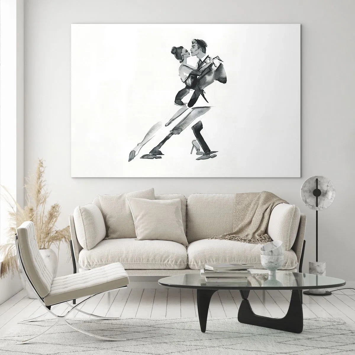 Cuadro sobre vidrio - Impresiones sobre Vidrio - Una pareja bailando tango en acuarela en blanco y negro. - 70x50cm - Todos al son de la música - Decoración de pared moderna para salón y dormitorio ARTTOR