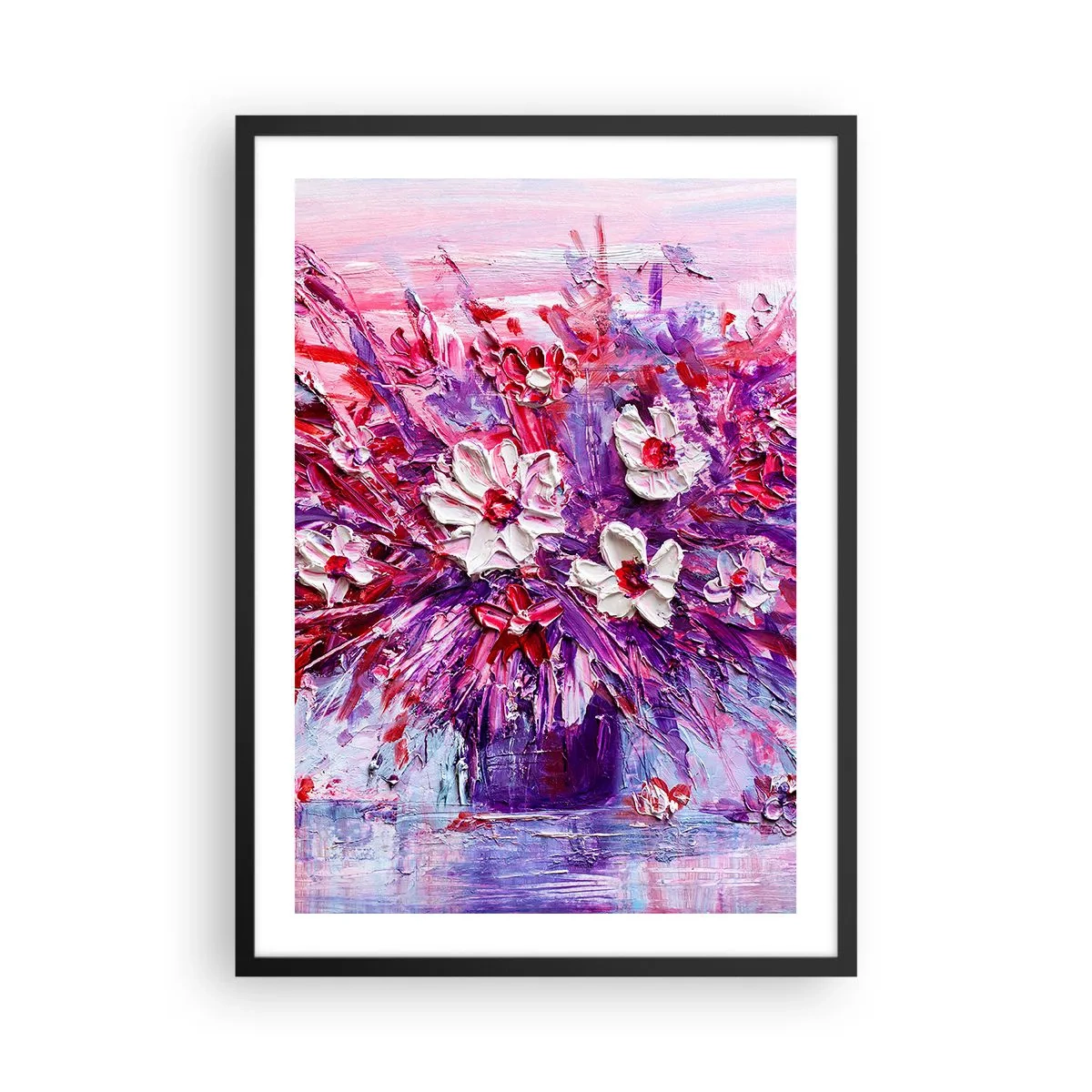 Póster en marco negro - Un ramo de flores en tonos rosa, morado y blanco. - 50x70cm - Inocencia y pasión - Decoración de pared moderna para salón y dormitorio ARTTOR
