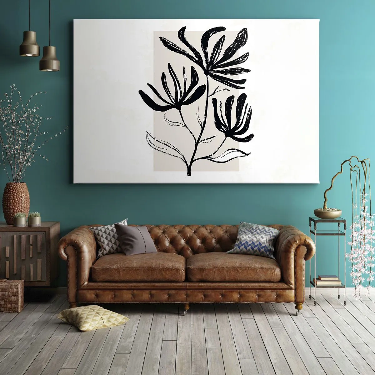 Cuadro sobre lienzo - Impresión de Imagen - Motivo floral minimalista en blanco y negro - 70x50cm - Esbozo para un herbario - Decoración de pared moderna para salón y dormitorio ARTTOR
