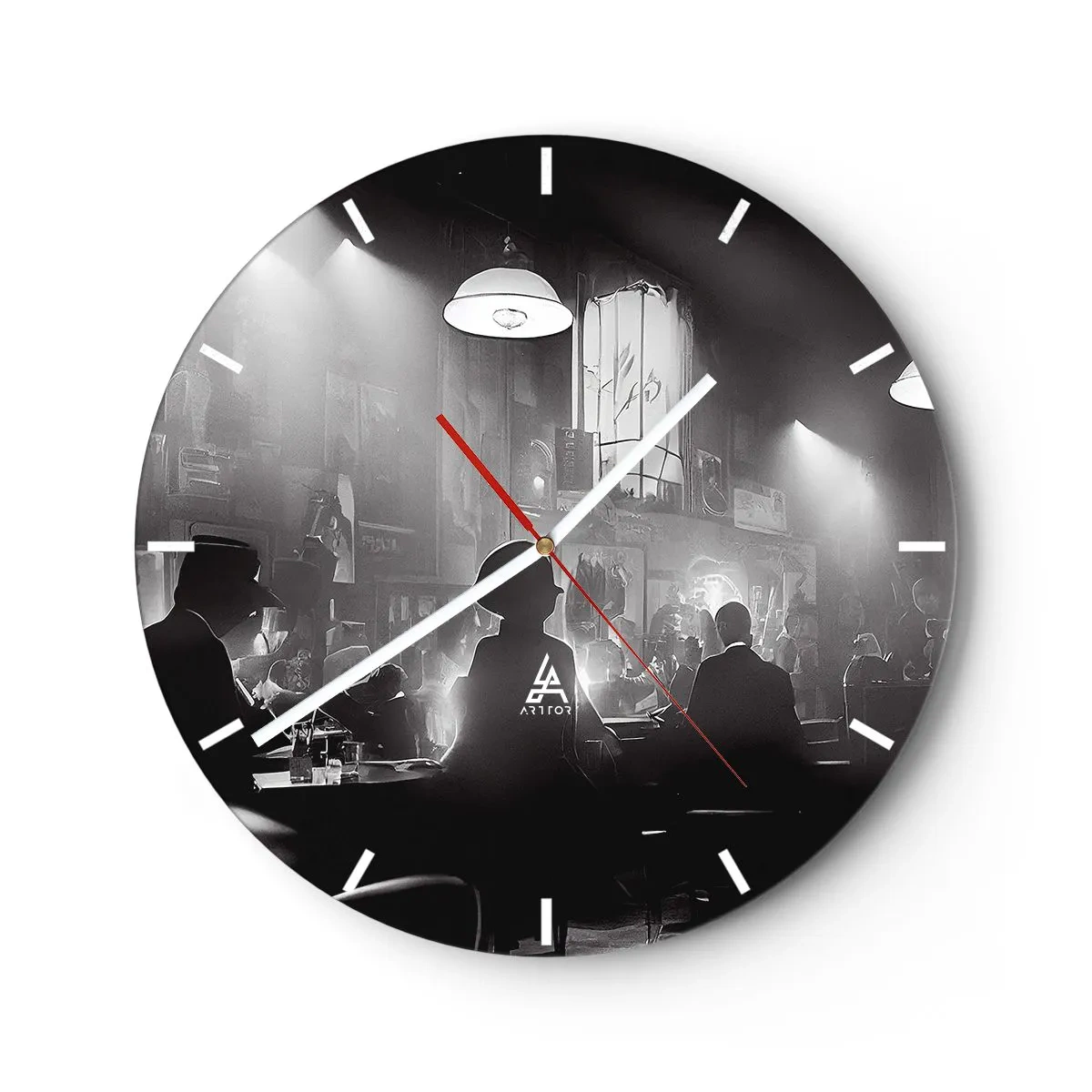 Reloj de pared - Reloj de vidrio - Escena en blanco y negro de un club de jazz con siluetas de invitados. - 30x30cm - En clave de jazz - Decoración de pared moderna para salón, cocina y dormitorio ARTTOR