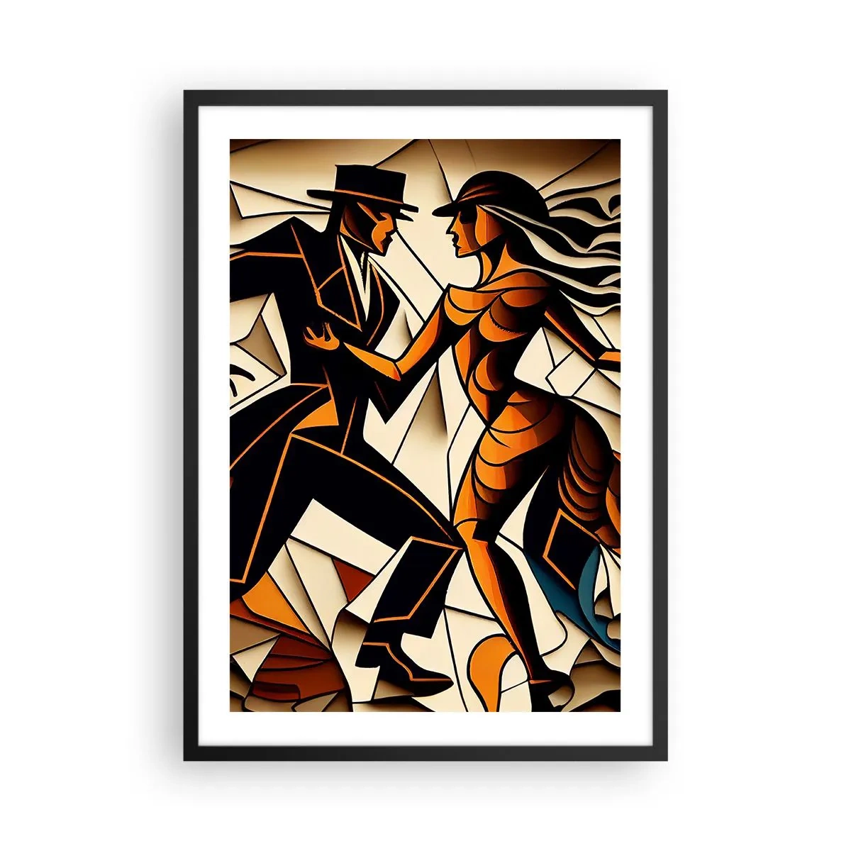 Póster en marco negro - Una pareja dinámica bailando tango en estilo cubista. - 50x70cm - Danza de pasión - Decoración de pared moderna para salón y dormitorio ARTTOR