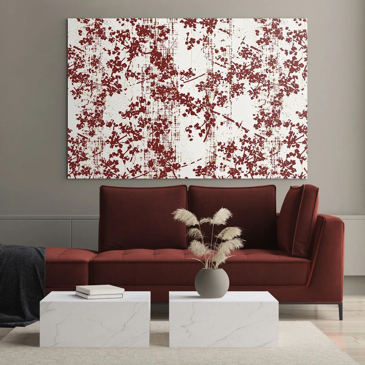 Cuadro sobre vidrio - Impresiones sobre Vidrio - Un patrón floral en rojo sobre un fondo claro y desgastado. - 70x50cm - Como un viejo percal - Decoración de pared moderna para salón y dormitorio ARTTOR