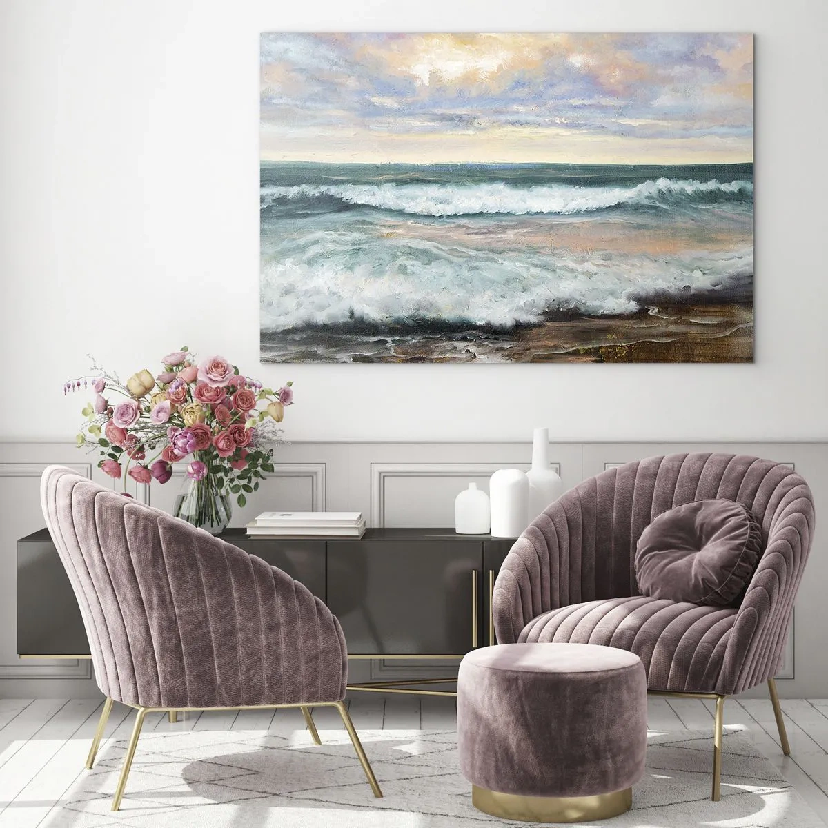 Cuadro sobre vidrio - Impresiones sobre Vidrio - Una pintura que representa las olas rompiendo contra la orilla. - 70x50cm - Aquí suavizarás tu alma - Decoración de pared moderna para salón y dormitorio ARTTOR