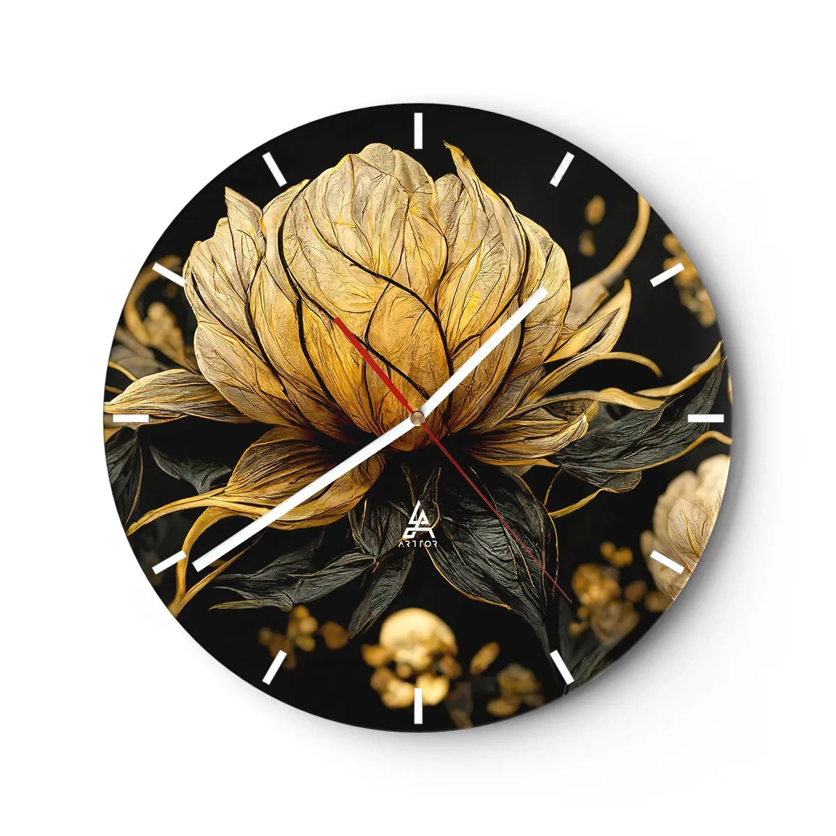 Reloj de pared - Reloj de vidrio - Flor dorada y negra sobre un fondo oscuro. - 30x30cm - Sutil fragilidad - Decoración de pared moderna para salón, cocina y dormitorio ARTTOR