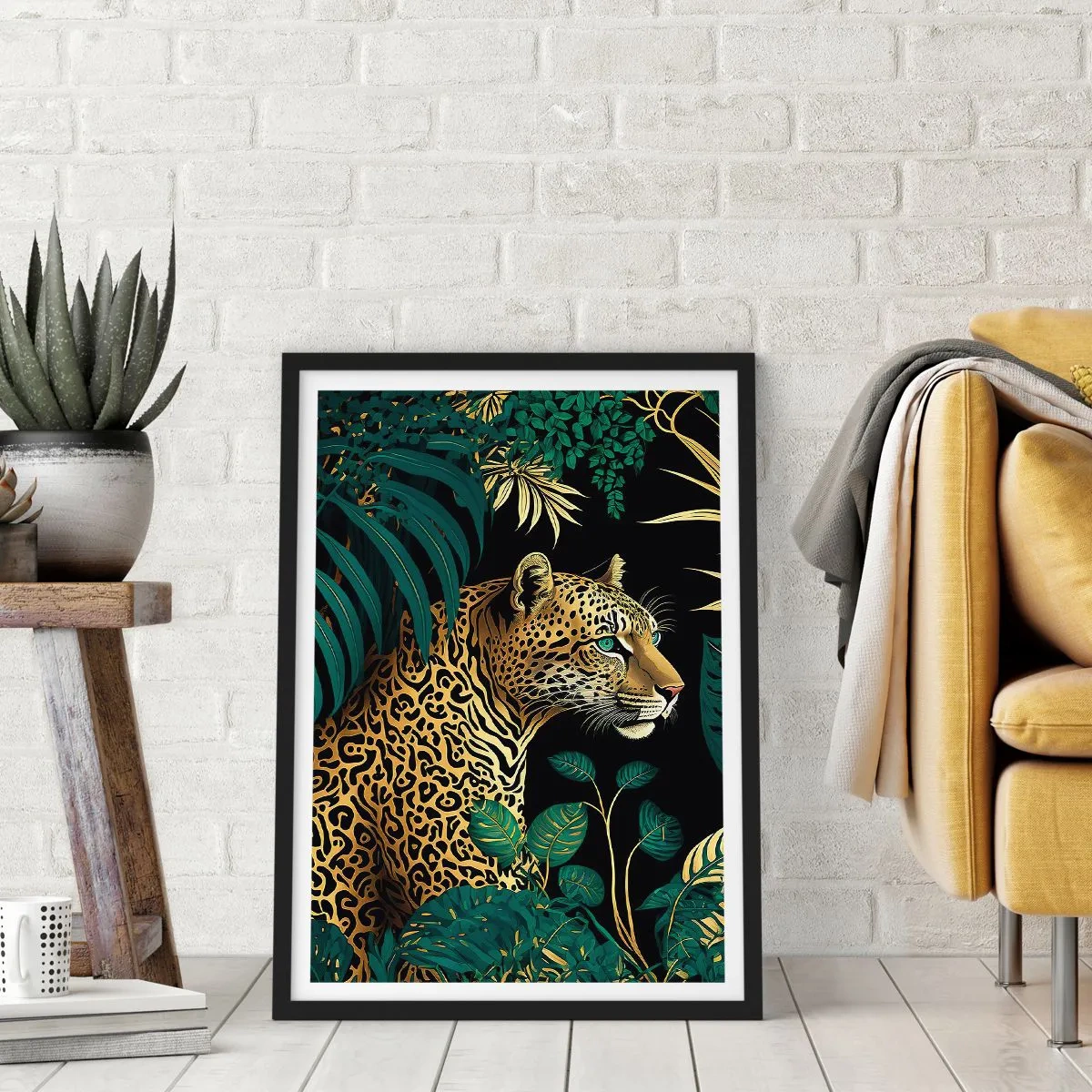 Póster en marco negro - Leopardo dorado en la selva tropical - 50x70cm - El anfitrión en la jungla - Decoración de pared moderna para salón y dormitorio ARTTOR