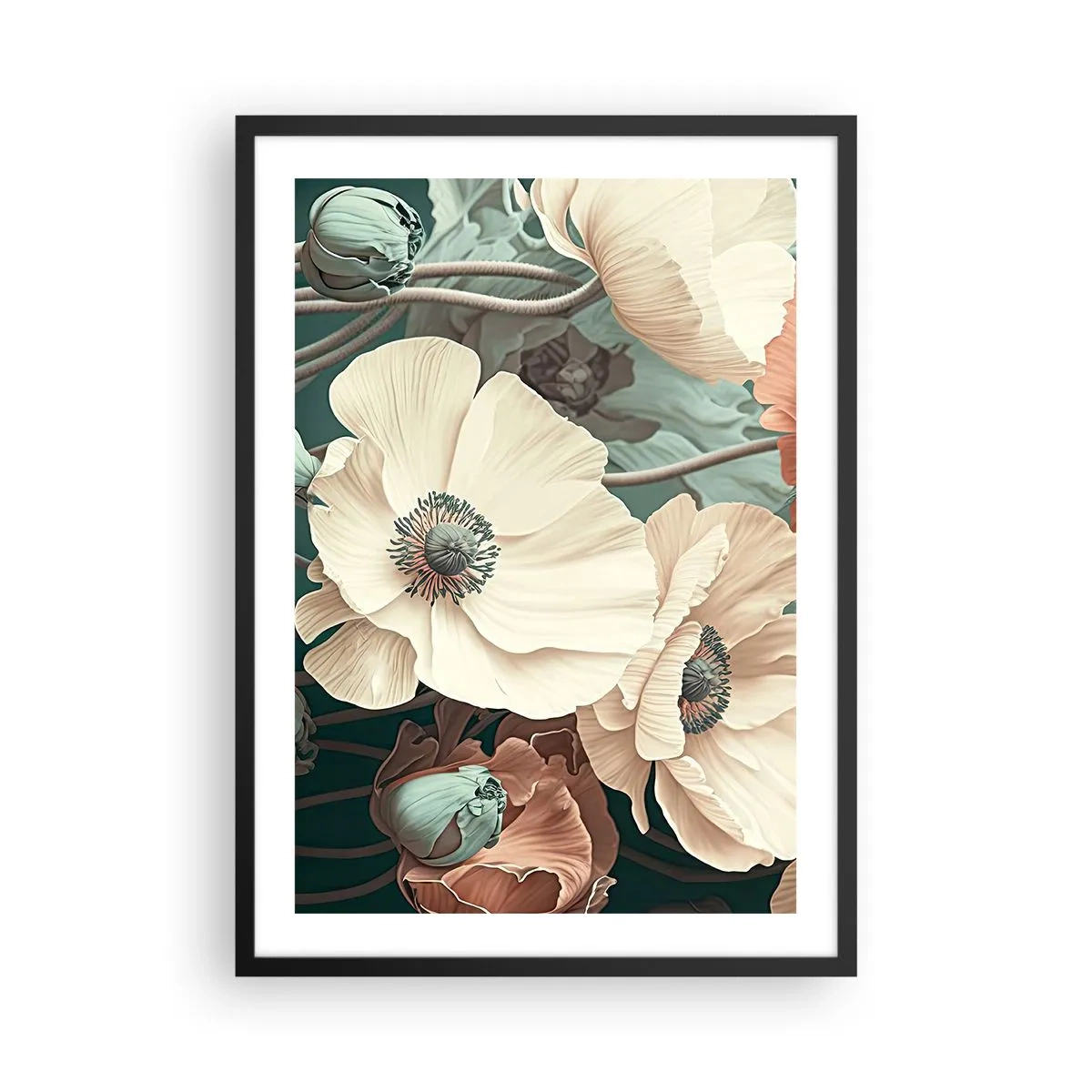 Póster en marco negro - Delicadas flores en tonos pastel sobre un fondo oscuro. - 50x70cm - Susurro de amapolas - Decoración de pared moderna para salón y dormitorio ARTTOR