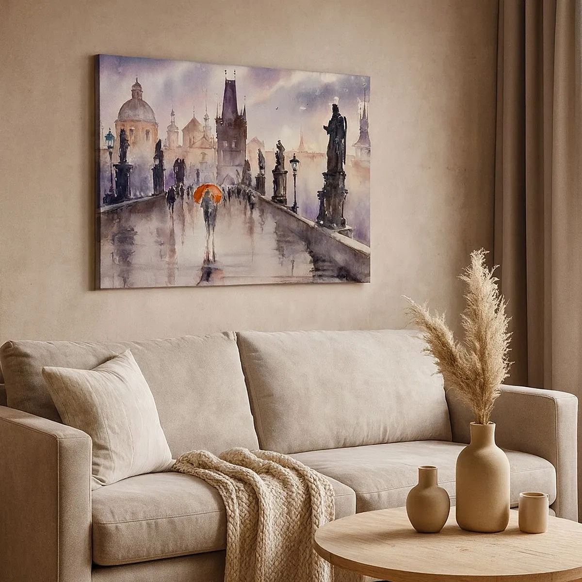 Cuadro sobre lienzo - Impresión de Imagen - Vista romántica de un puente con un paraguas con el telón de fondo de una ciudad al atardecer. - 70x50cm - La gente no cambia - Decoración de pared moderna para salón y dormitorio ARTTOR