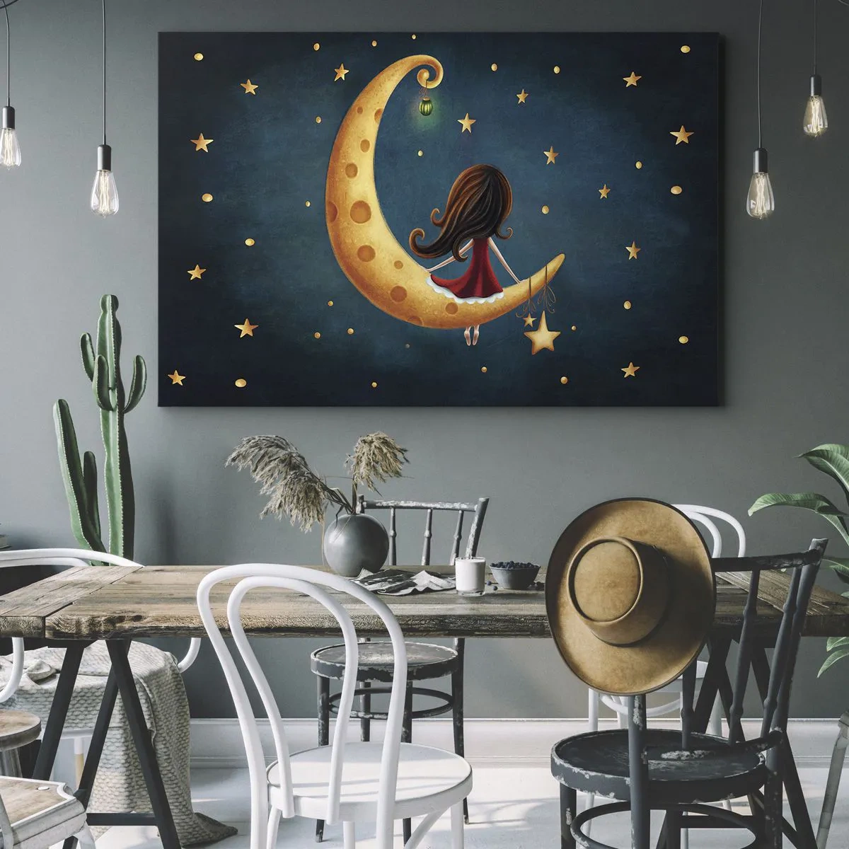 Cuadro sobre lienzo - Impresión de Imagen - Una niña en la luna rodeada de estrellas. - 70x50cm - Érase una vez... - Decoración de pared moderna para salón y dormitorio ARTTOR