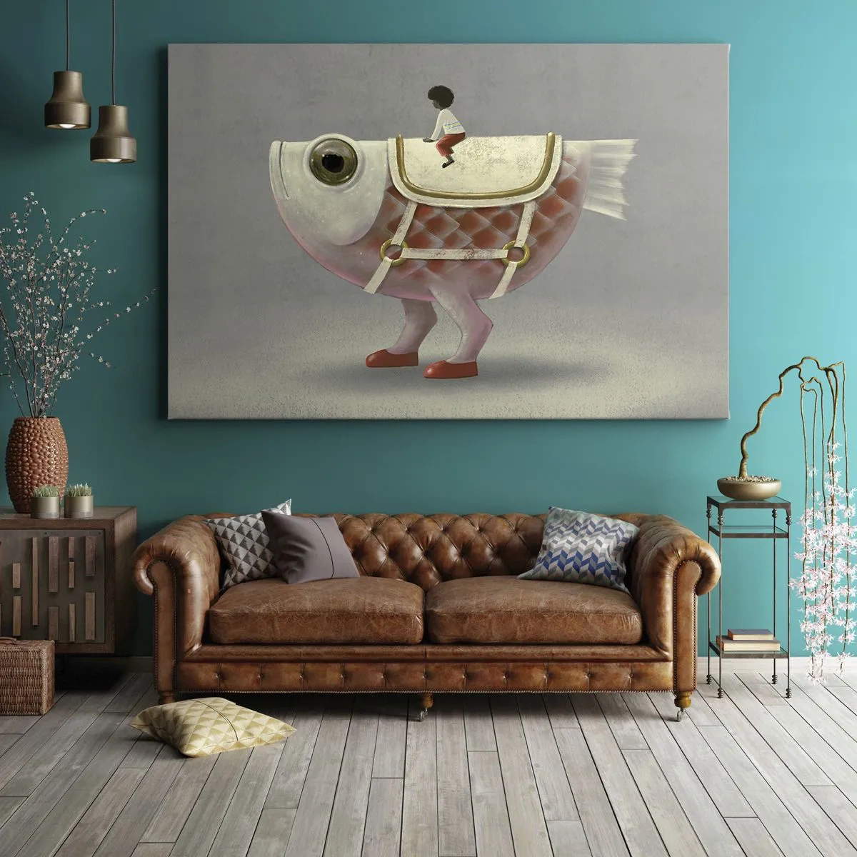 Cuadro sobre lienzo - Impresión de Imagen - Un elegante jinete de pez con piernas y silla de montar. - 70x50cm - Jinete del pescado - Decoración de pared moderna para salón y dormitorio ARTTOR