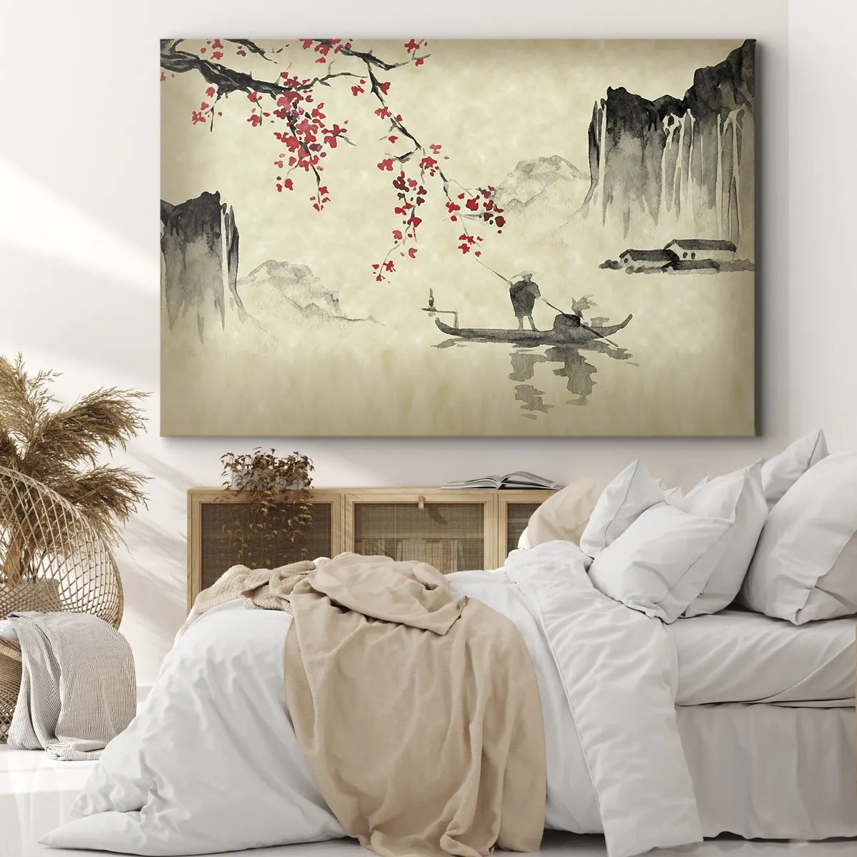 Cuadro sobre lienzo - Impresión de Imagen - Ilustración oriental con un barco y una rama floreciente. - 70x50cm - En el país de los cerezos en flor - Decoración de pared moderna para salón y dormitorio ARTTOR