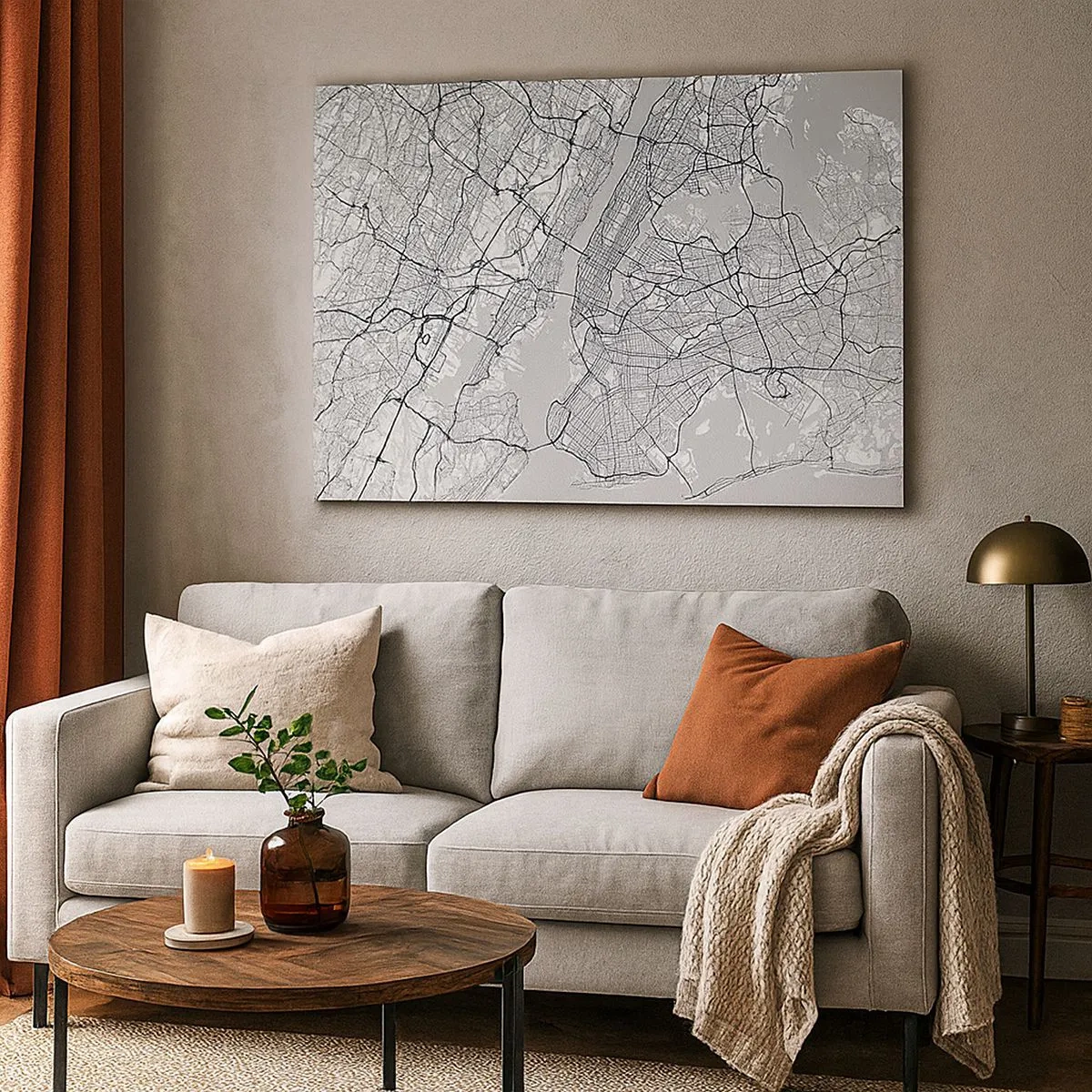 Cuadro sobre lienzo - Impresión de Imagen - Un mapa de la ciudad en estilo minimalista sobre un fondo gris. - 70x50cm - Anatomía de una metrópolis - Decoración de pared moderna para salón y dormitorio ARTTOR