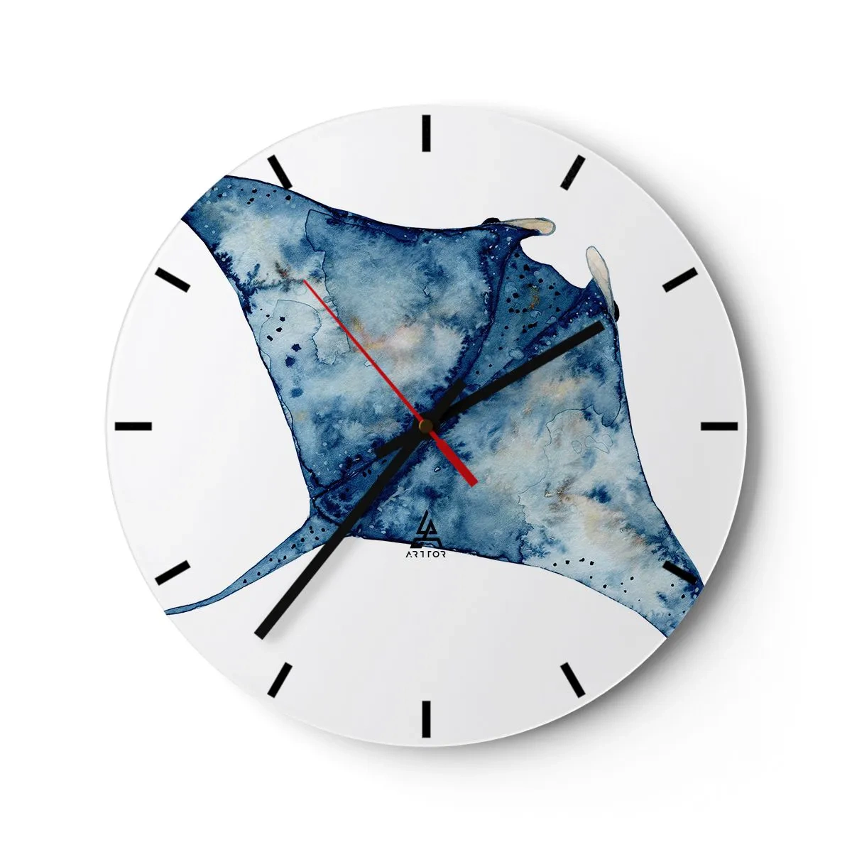 Reloj de pared - Reloj de vidrio - Manta raya azul marino en estilo acuarela sobre fondo blanco - 30x30cm - La vida en azul - Decoración de pared moderna para salón, cocina y dormitorio ARTTOR