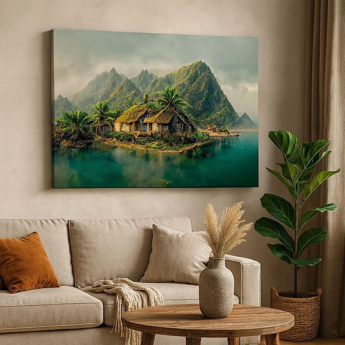 Cuadro sobre lienzo - Impresión de Imagen - Una isla tropical con palmeras y montañas al fondo. - 70x50cm - Paraíso tropical - Decoración de pared moderna para salón y dormitorio ARTTOR