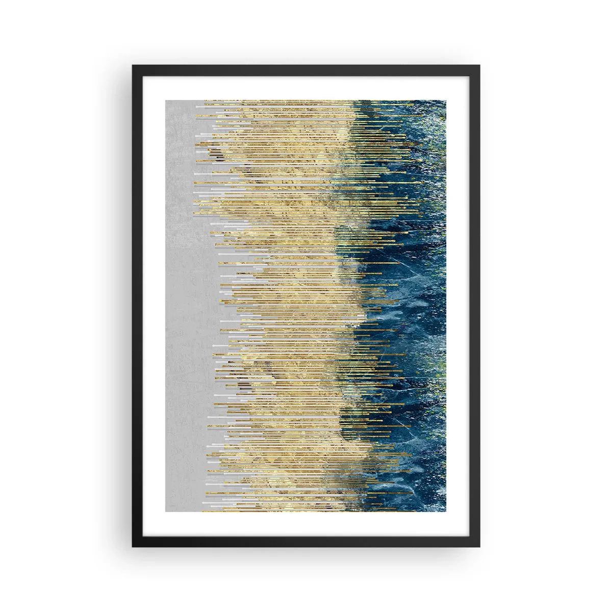 Póster en marco negro - Una composición abstracta inspirada en una playa dorada y el océano. - 50x70cm - Frontera de líneas doradas - Decoración de pared moderna para salón y dormitorio ARTTOR