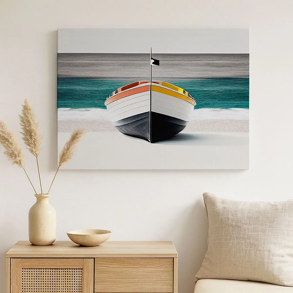 Cuadro sobre lienzo - Impresión de Imagen - Un barco en la playa con un mar turquesa al fondo. - 70x50cm - En su lugar exacto - Decoración de pared moderna para salón y dormitorio ARTTOR
