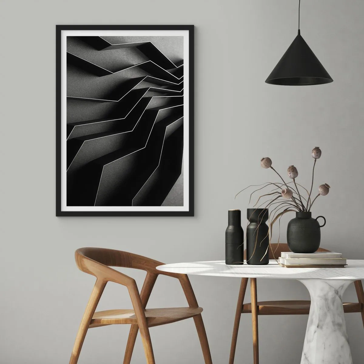 Póster en marco negro - Una composición en blanco y negro de estructuras geométricas y espaciales. - 50x70cm - Orden espacial - Decoración de pared moderna para salón y dormitorio ARTTOR