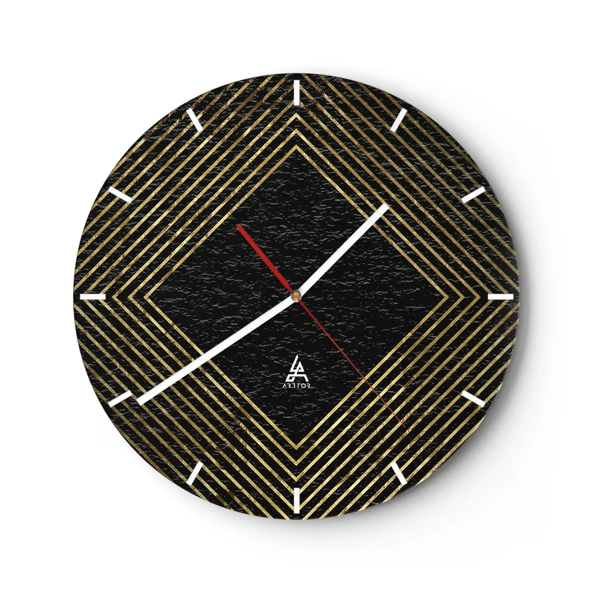 Reloj de pared - Reloj de vidrio - Líneas doradas que forman un rombo sobre un fondo negro. - 30x30cm - Geometría al estilo glamour - Decoración de pared moderna para salón, cocina y dormitorio ARTTOR