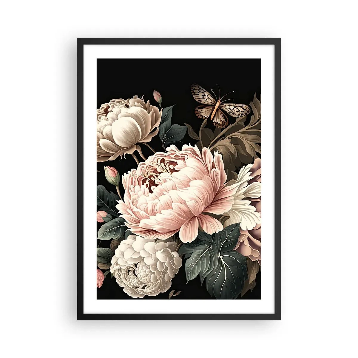 Póster en marco negro - Elegantes peonías y una mariposa sobre fondo negro. - 50x70cm - En estilo barroco - Decoración de pared moderna para salón y dormitorio ARTTOR