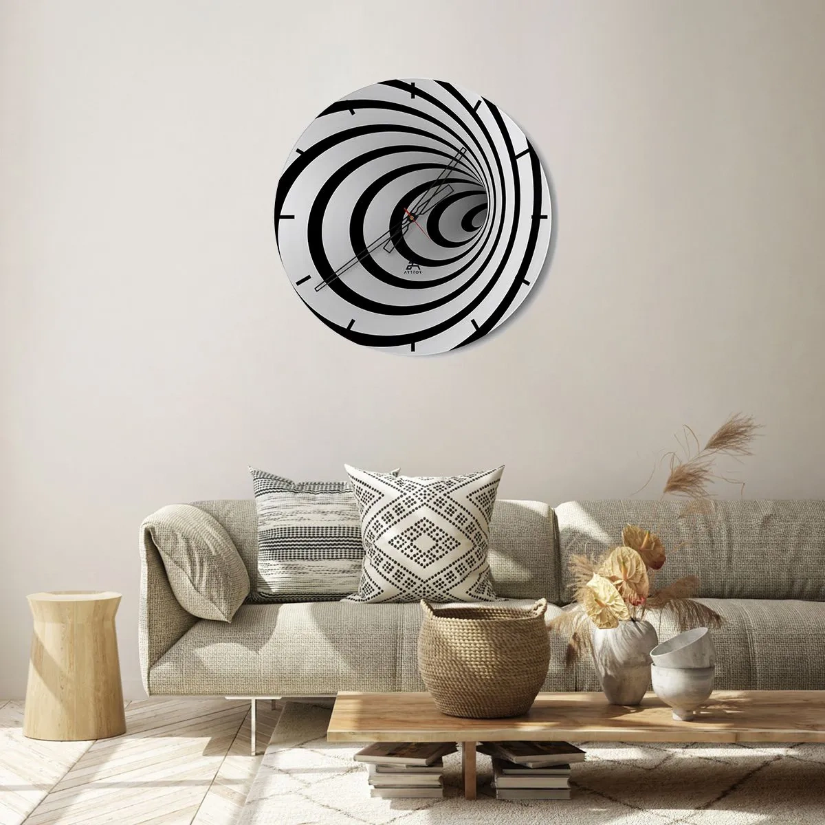 Reloj de pared - Reloj de vidrio - Un fascinante patrón en espiral en blanco y negro. - 30x30cm - ¿Tampoco puedes resistirte? - Decoración de pared moderna para salón, cocina y dormitorio ARTTOR
