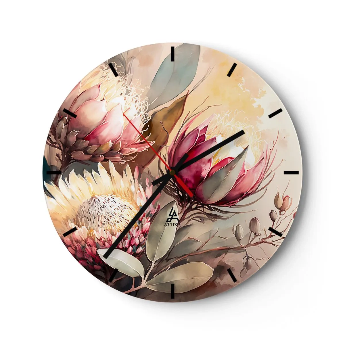 Reloj de pared - Reloj de vidrio - Flores artísticas de protea sobre un fondo claro - 30x30cm - De perfil y de frente - Decoración de pared moderna para salón, cocina y dormitorio ARTTOR