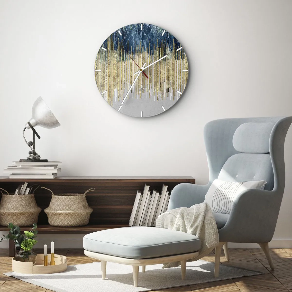 Reloj de pared - Reloj de vidrio - Líneas verticales doradas que se transforman en degradados azul marino y gris. - 30x30cm - Frontera de líneas doradas - Decoración de pared moderna para salón, cocina y dormitorio ARTTOR