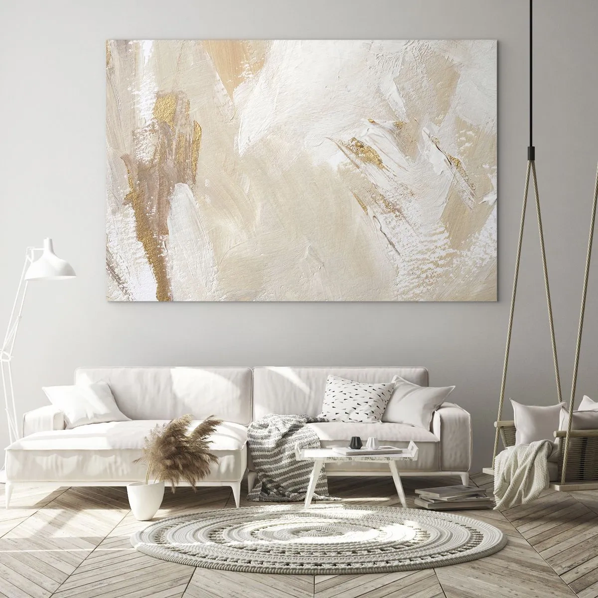 Cuadro sobre vidrio - Impresiones sobre Vidrio - Abstracción beige y blanca con acentos dorados. - 70x50cm - Composición en pastel - Decoración de pared moderna para salón y dormitorio ARTTOR