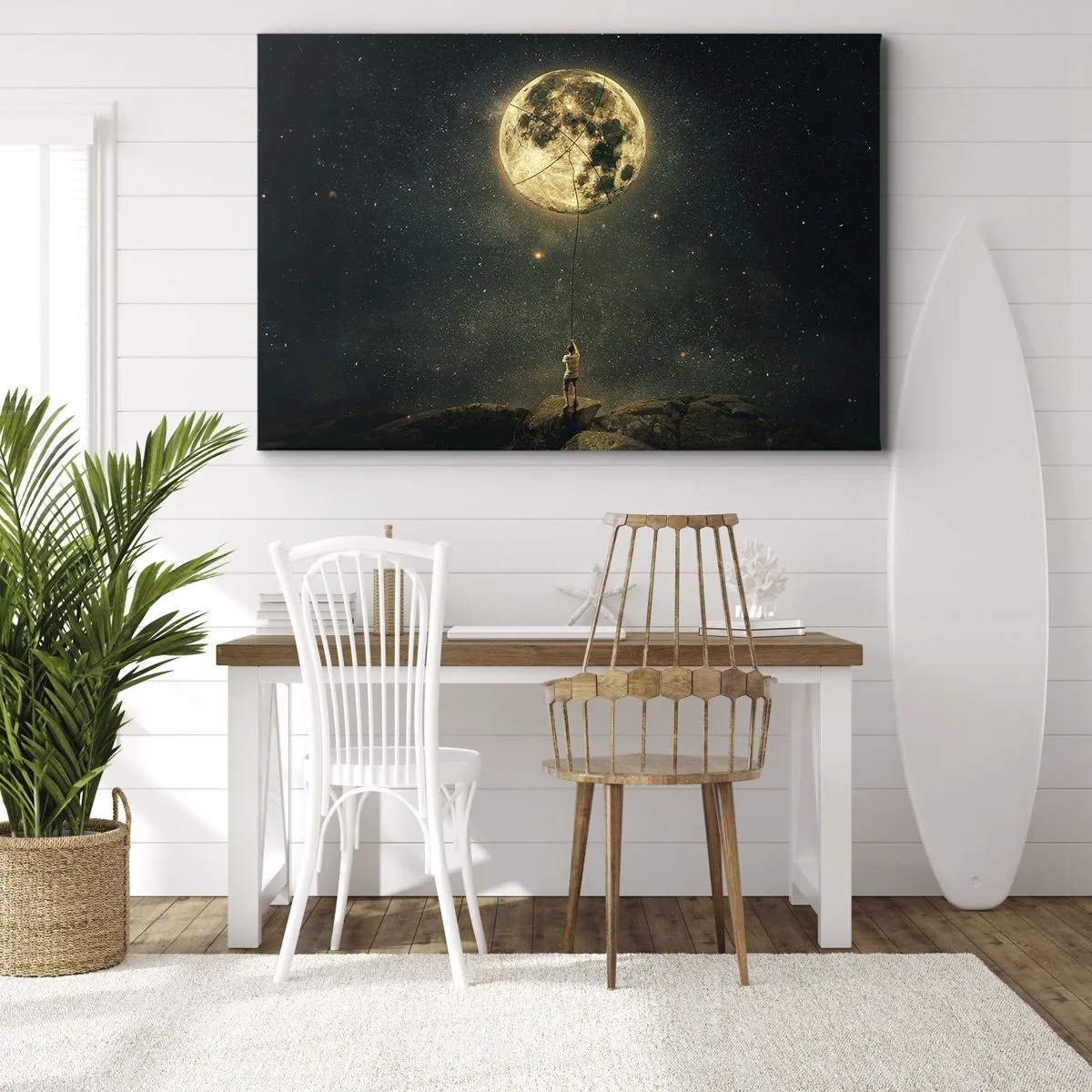 Cuadro sobre lienzo - Impresión de Imagen - Hombre con la luna contra el cielo estrellado - 70x50cm - El que robó la luna - Decoración de pared moderna para salón y dormitorio ARTTOR