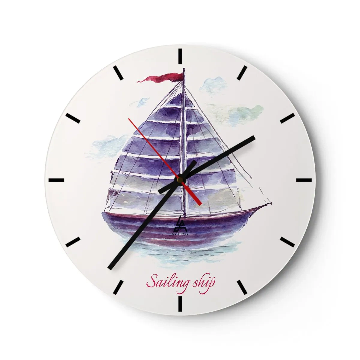 Reloj de pared - Reloj de vidrio - Un velero morado con un mástil rojo en un mar en calma. - 30x30cm - Velas izadas y aguas tranquilas - Decoración de pared moderna para salón, cocina y dormitorio ARTTOR