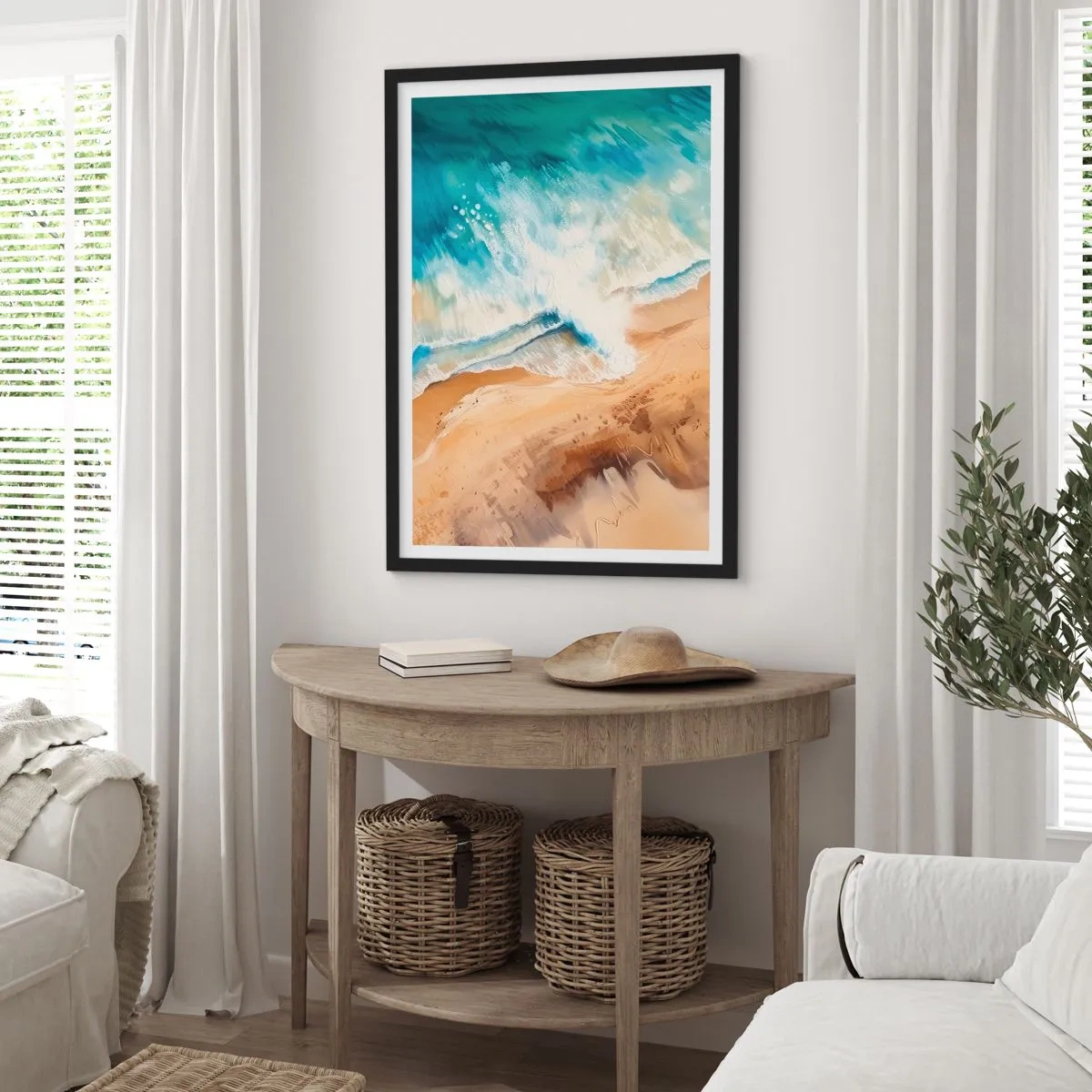 Póster en marco negro - Una escena abstracta de una ola rompiendo en la orilla en tonos turquesa y arena. - 50x70cm - Olas recurrentes - Decoración de pared moderna para salón y dormitorio ARTTOR