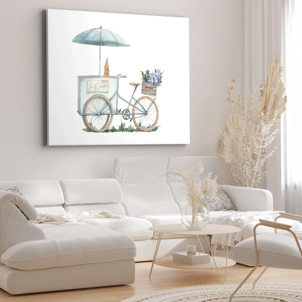 Cuadro sobre lienzo - Impresión de Imagen - Una bicicleta con helado y flores bajo una sombrilla en delicados colores pastel. - 70x50cm - Dulce recuerdo del verano - Decoración de pared moderna para salón y dormitorio ARTTOR