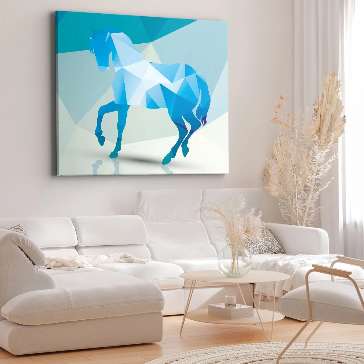 Cuadro sobre lienzo - Impresión de Imagen - Silueta geométrica de un caballo en tonos azules. - 70x50cm - Caballo geométrico en turquesa - Decoración de pared moderna para salón y dormitorio ARTTOR