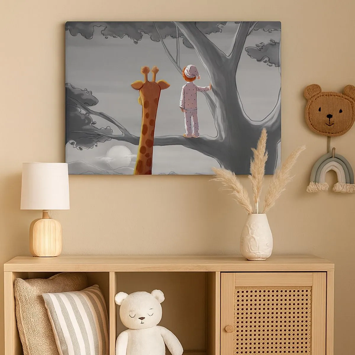 Cuadro sobre lienzo - Impresión de Imagen - Un niño y una jirafa en la rama de un árbol en un paisaje de cuento de hadas. - 70x50cm - ¿Está sucediendo de verdad? - Decoración de pared moderna para salón y dormitorio ARTTOR
