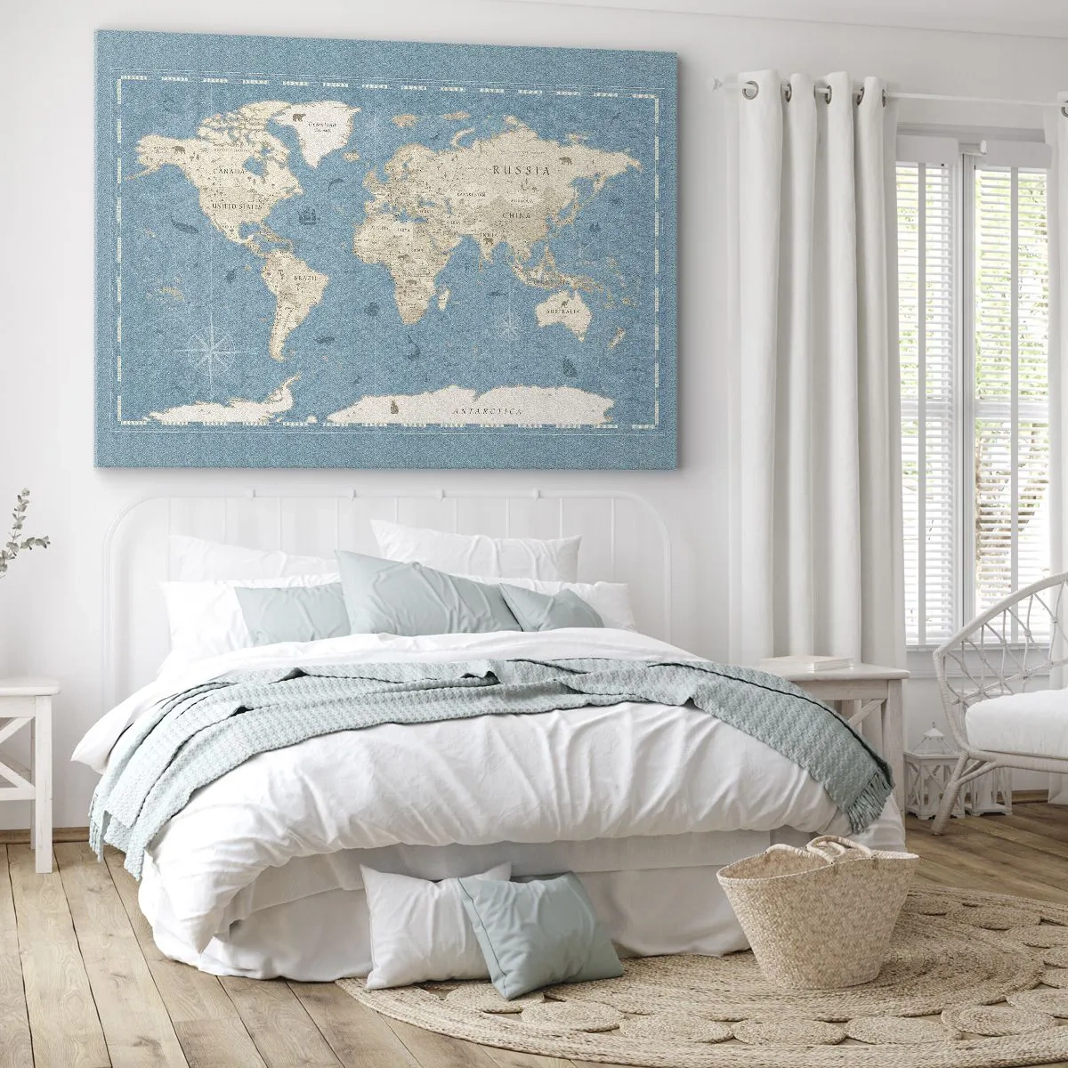 Cuadro sobre lienzo - Impresión de Imagen - Mapa del mundo decorativo en tonos azules y beige - 70x50cm - Un mundo al alcance de la mano - Decoración de pared moderna para salón y dormitorio ARTTOR