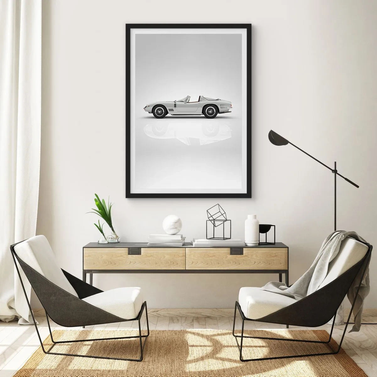 Póster en marco negro - Clásico convertible blanco sobre fondo neutro. - 50x70cm - Una promesa de diversión - Decoración de pared moderna para salón y dormitorio ARTTOR