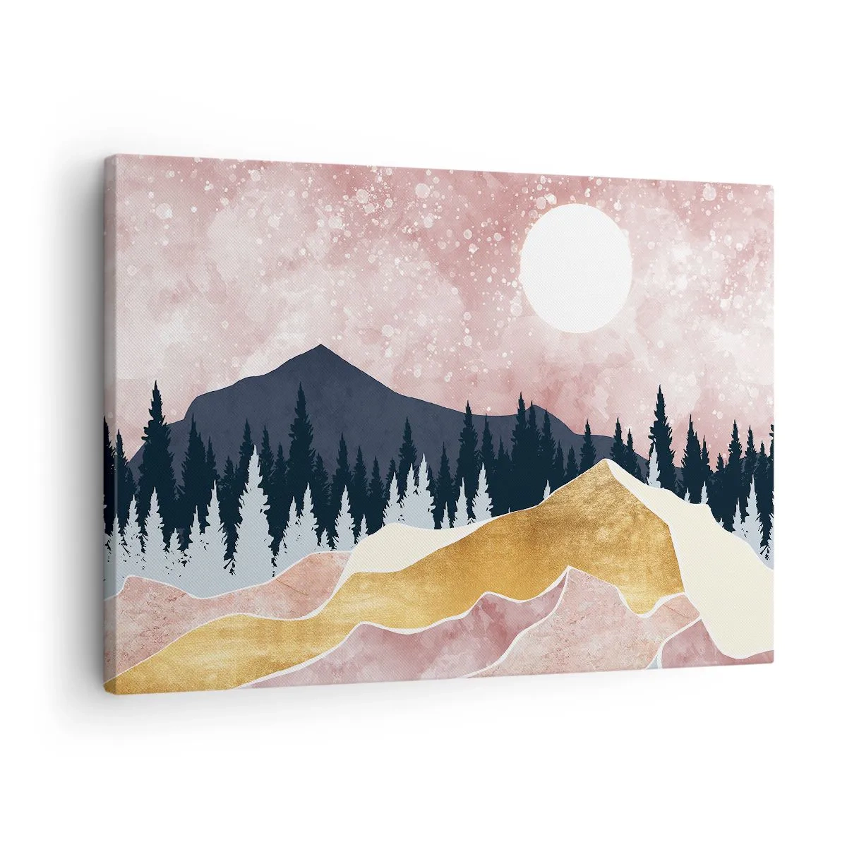 Cuadro sobre lienzo - Impresión de Imagen - Montañas coloridas contra un cielo rosado con una luna - 70x50cm - Vigilancia nocturna - Decoración de pared moderna para salón y dormitorio ARTTOR