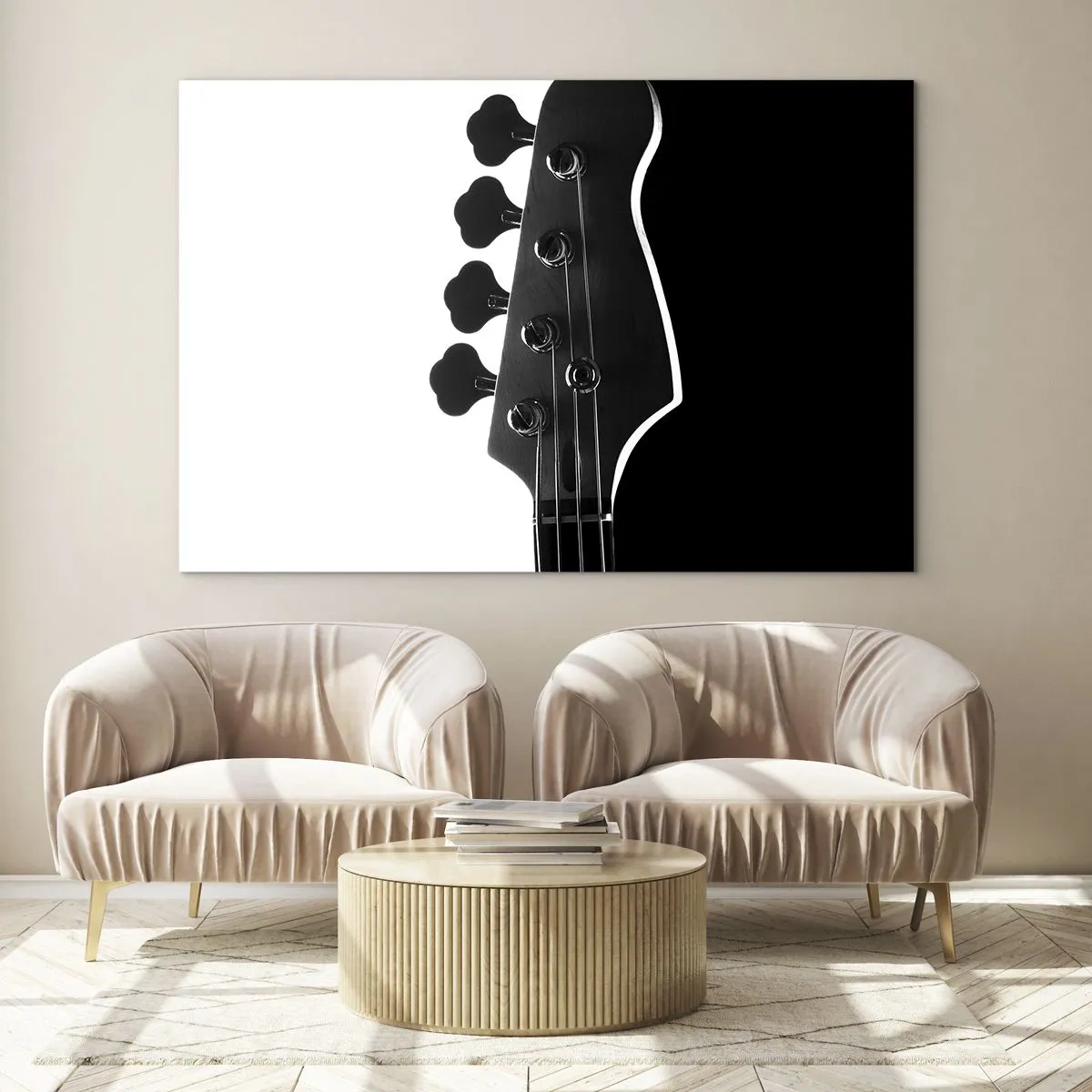 Cuadro sobre vidrio - Impresiones sobre Vidrio - Clavijero de bajo en blanco y negro con sombra - 70x50cm - Silencio musical - Decoración de pared moderna para salón y dormitorio ARTTOR