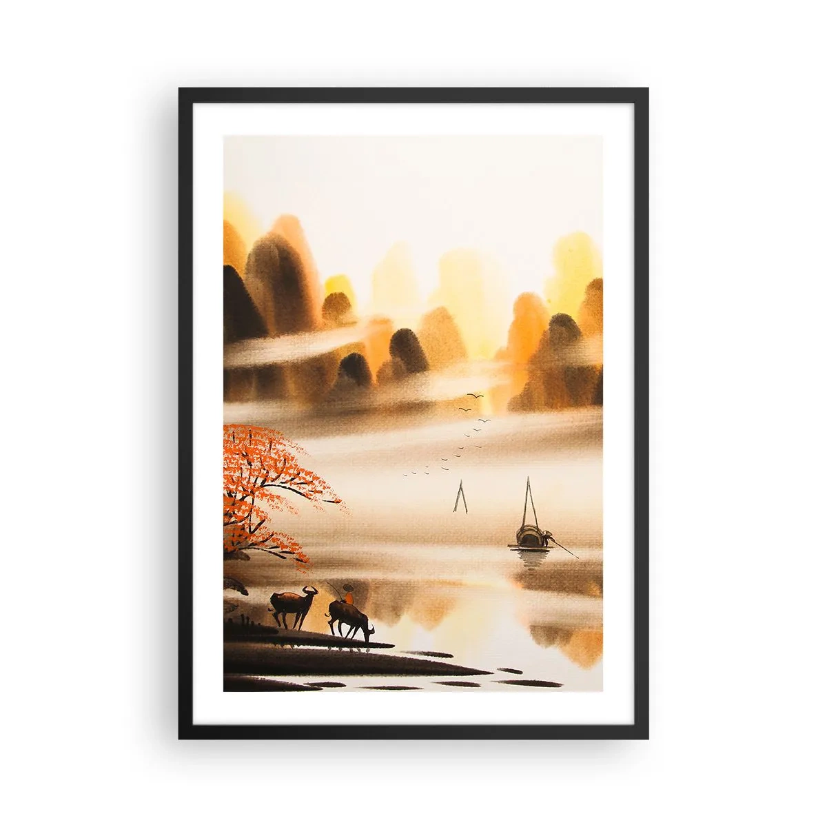 Póster en marco negro - Paisaje montañoso oriental en la niebla con un barco y animales. - 50x70cm - Más allá del Lejano Oriente - Decoración de pared moderna para salón y dormitorio ARTTOR