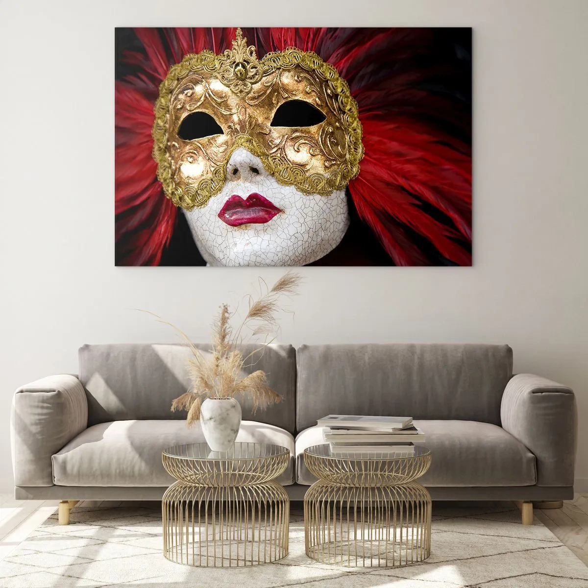 Cuadro sobre vidrio - Impresiones sobre Vidrio - Máscara de carnaval dorada con plumas rojas. - 70x50cm - Promesa de aventura carnavalesca - Decoración de pared moderna para salón y dormitorio ARTTOR