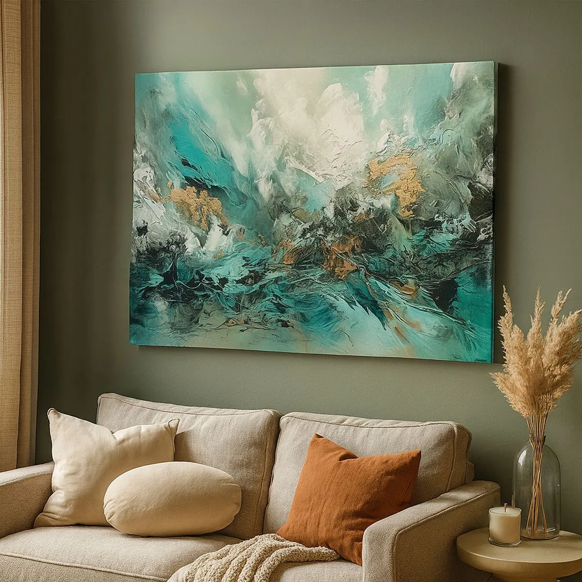 Cuadro sobre lienzo - Impresión de Imagen - Paisaje abstracto en tonos verdes y dorados. - 70x50cm - Hervor negro esmeralda - Decoración de pared moderna para salón y dormitorio ARTTOR