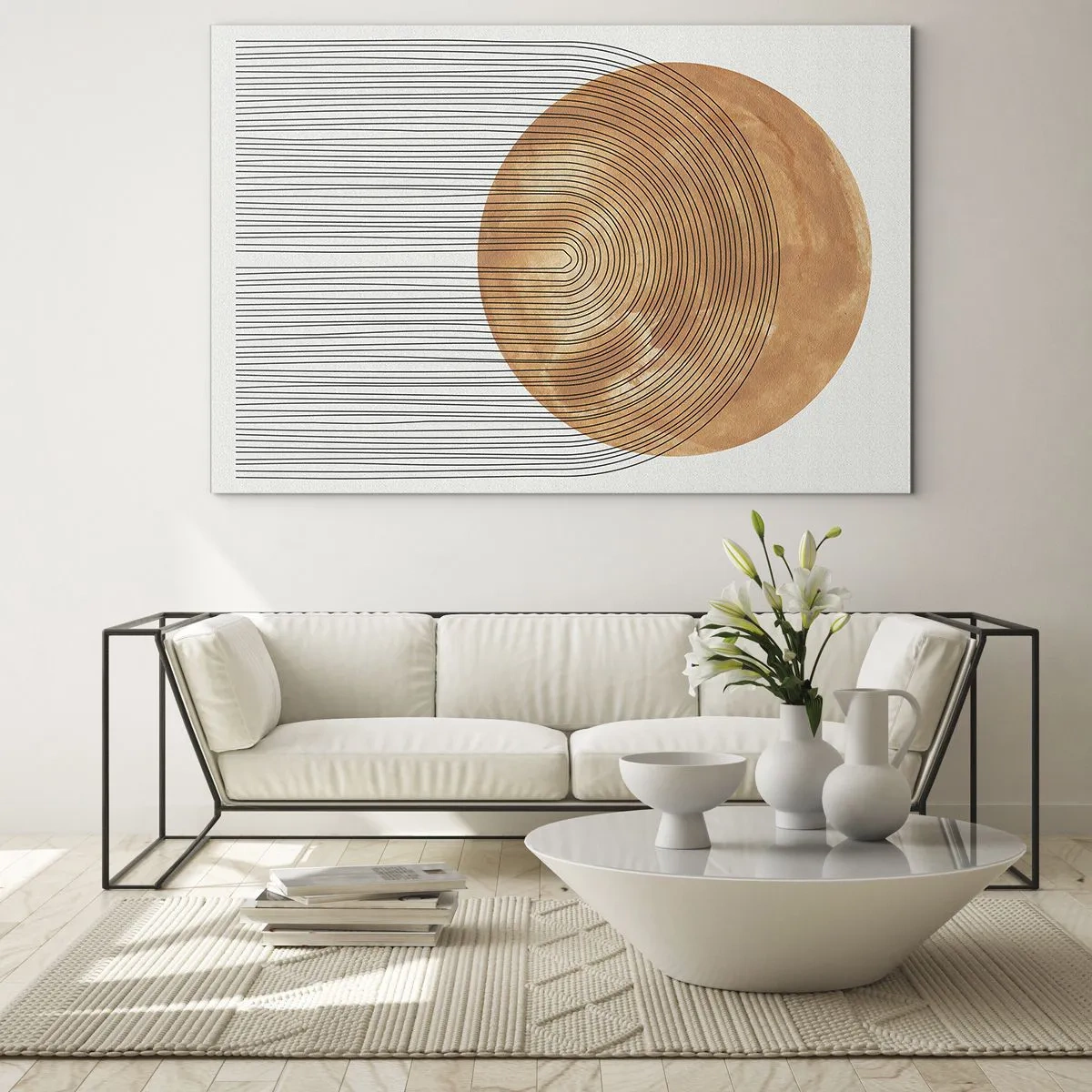 Cuadro sobre vidrio - Impresiones sobre Vidrio - Forma geométrica con líneas concéntricas y un círculo dorado. - 70x50cm - Una composición soleada - Decoración de pared moderna para salón y dormitorio ARTTOR
