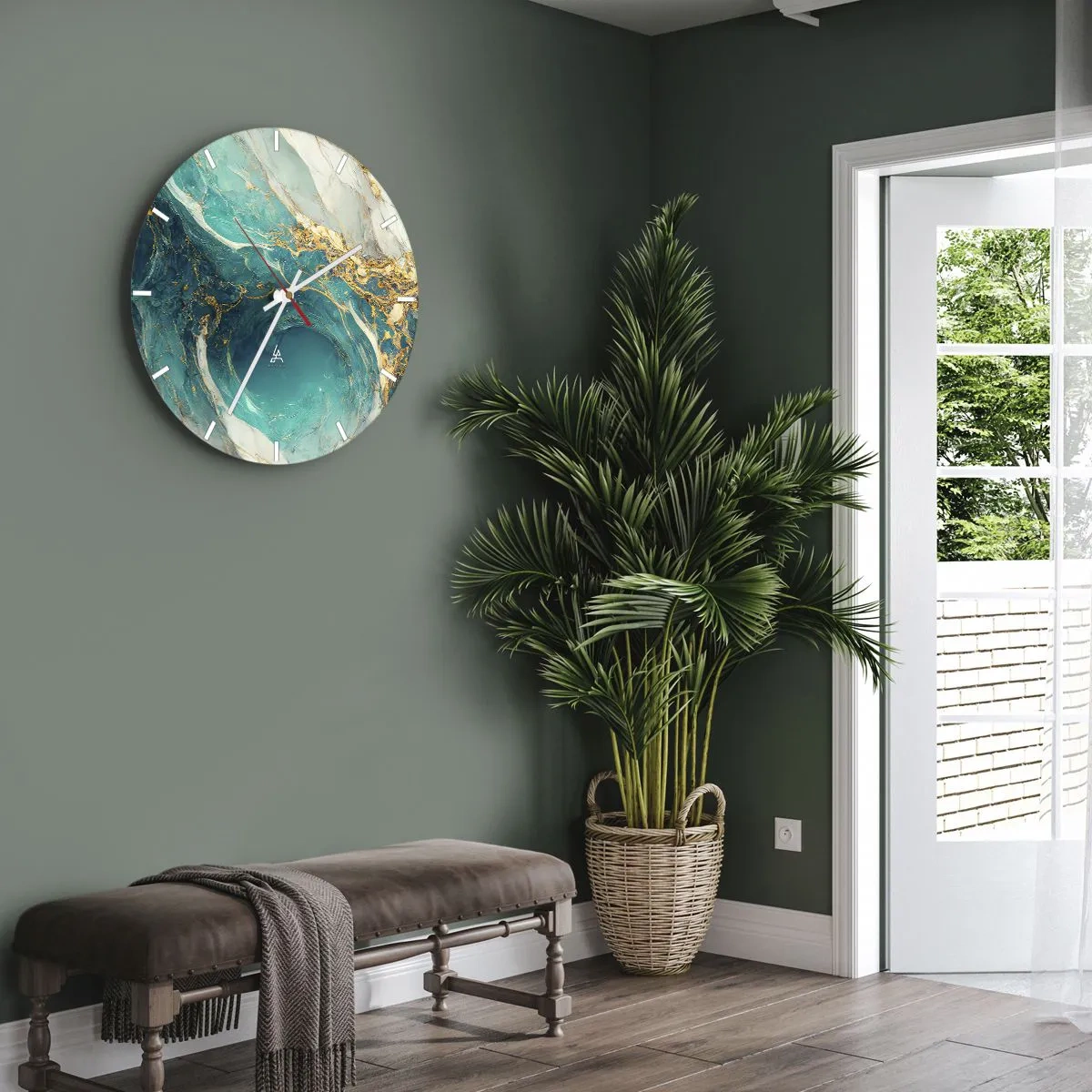 Reloj de pared - Reloj de vidrio - Abstracto turquesa con patrón dorado en espiral - 30x30cm - Composición con vetas de oro - Decoración de pared moderna para salón, cocina y dormitorio ARTTOR