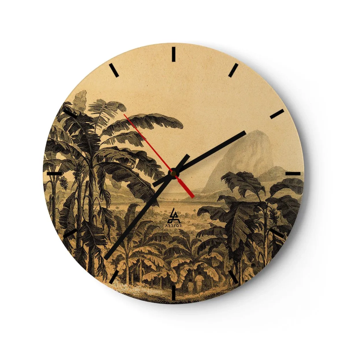 Reloj de pared - Reloj de vidrio - Plátanos y un paisaje tropical retro. - 30x30cm - En un ambiente colonial - Decoración de pared moderna para salón, cocina y dormitorio ARTTOR