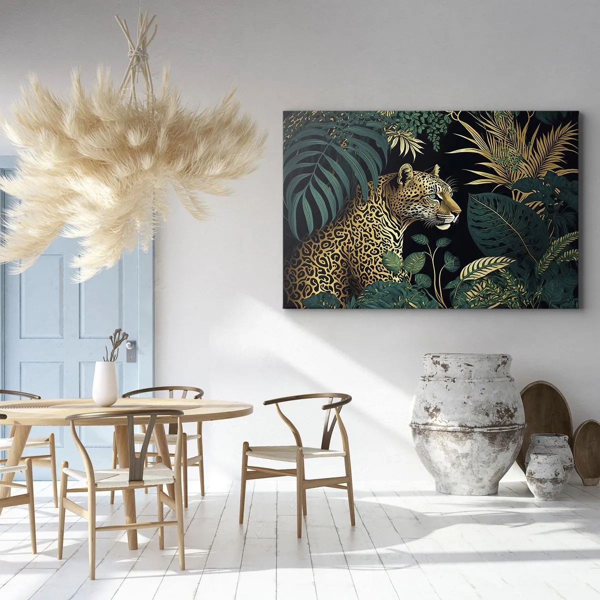 Cuadro sobre lienzo - Impresión de Imagen - Leopardo en hojas tropicales sobre un fondo negro - 70x50cm - El anfitrión en la jungla - Decoración de pared moderna para salón y dormitorio ARTTOR