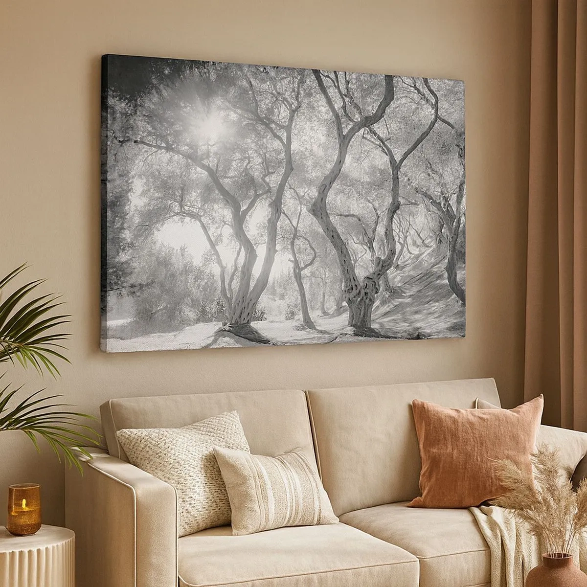 Cuadro sobre lienzo - Impresión de Imagen - Vista en blanco y negro de árboles en un olivar con rayos de sol. - 70x50cm - En un olivar - Decoración de pared moderna para salón y dormitorio ARTTOR