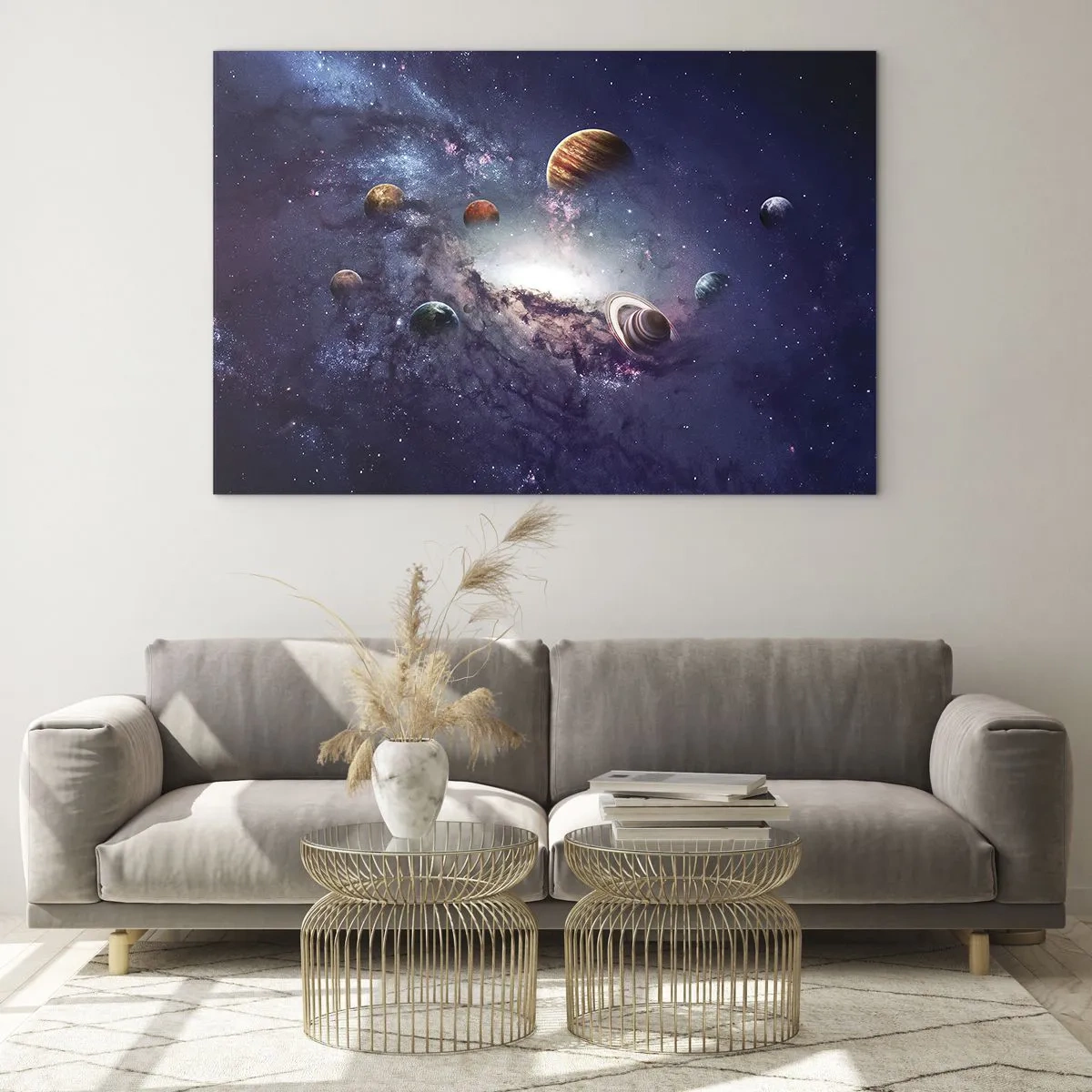 Cuadro sobre vidrio - Impresiones sobre Vidrio - Una visión fantasiosa de planetas girando en el espacio. - 70x50cm - La danza alrededor del Sol - Decoración de pared moderna para salón y dormitorio ARTTOR