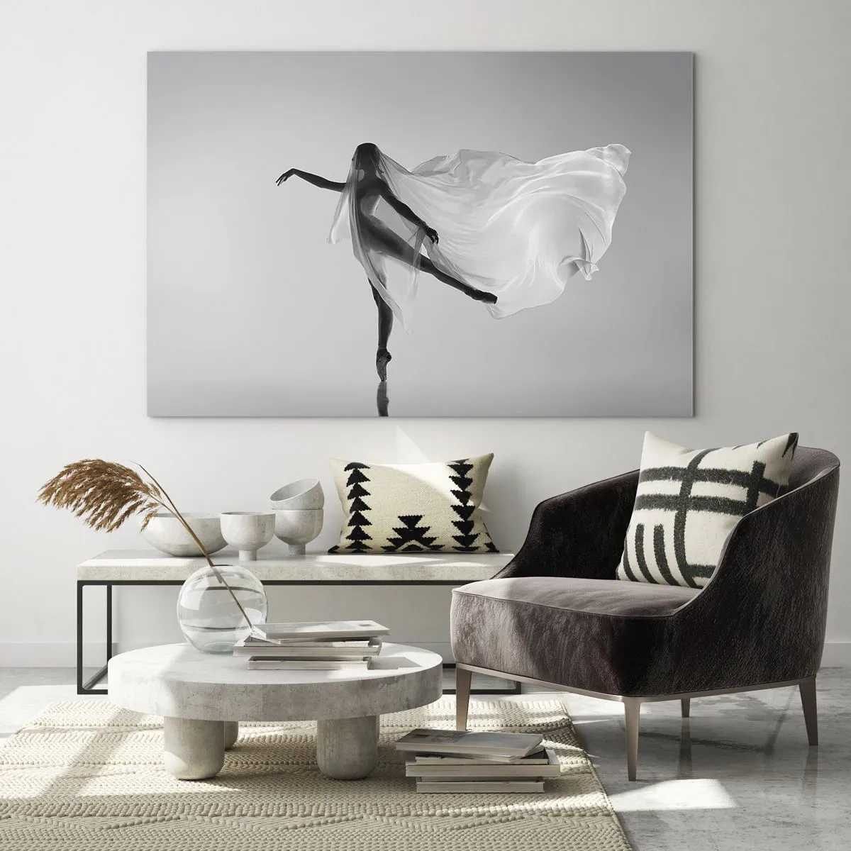 Cuadro sobre vidrio - Impresiones sobre Vidrio - Silueta de una bailarina con un velo flotante en movimiento. - 70x50cm - Ligereza y gracia - Decoración de pared moderna para salón y dormitorio ARTTOR