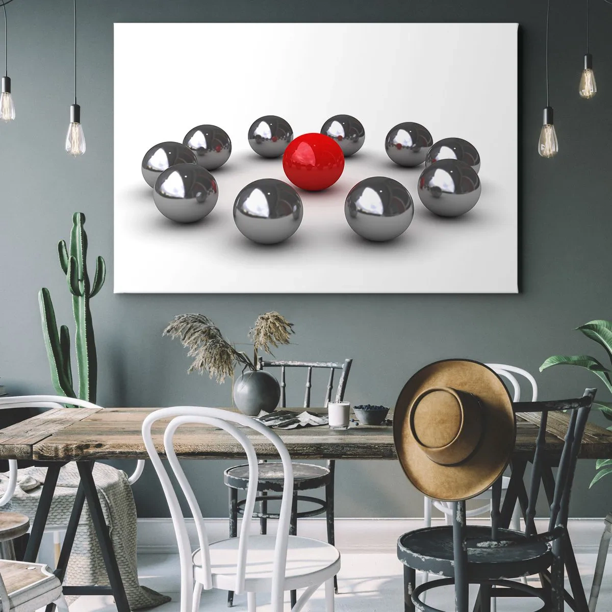 Cuadro sobre lienzo - Impresión de Imagen - Una bola roja rodeada de bolas plateadas sobre un fondo blanco. - 70x50cm - Círculo en plata y rojo - Decoración de pared moderna para salón y dormitorio ARTTOR