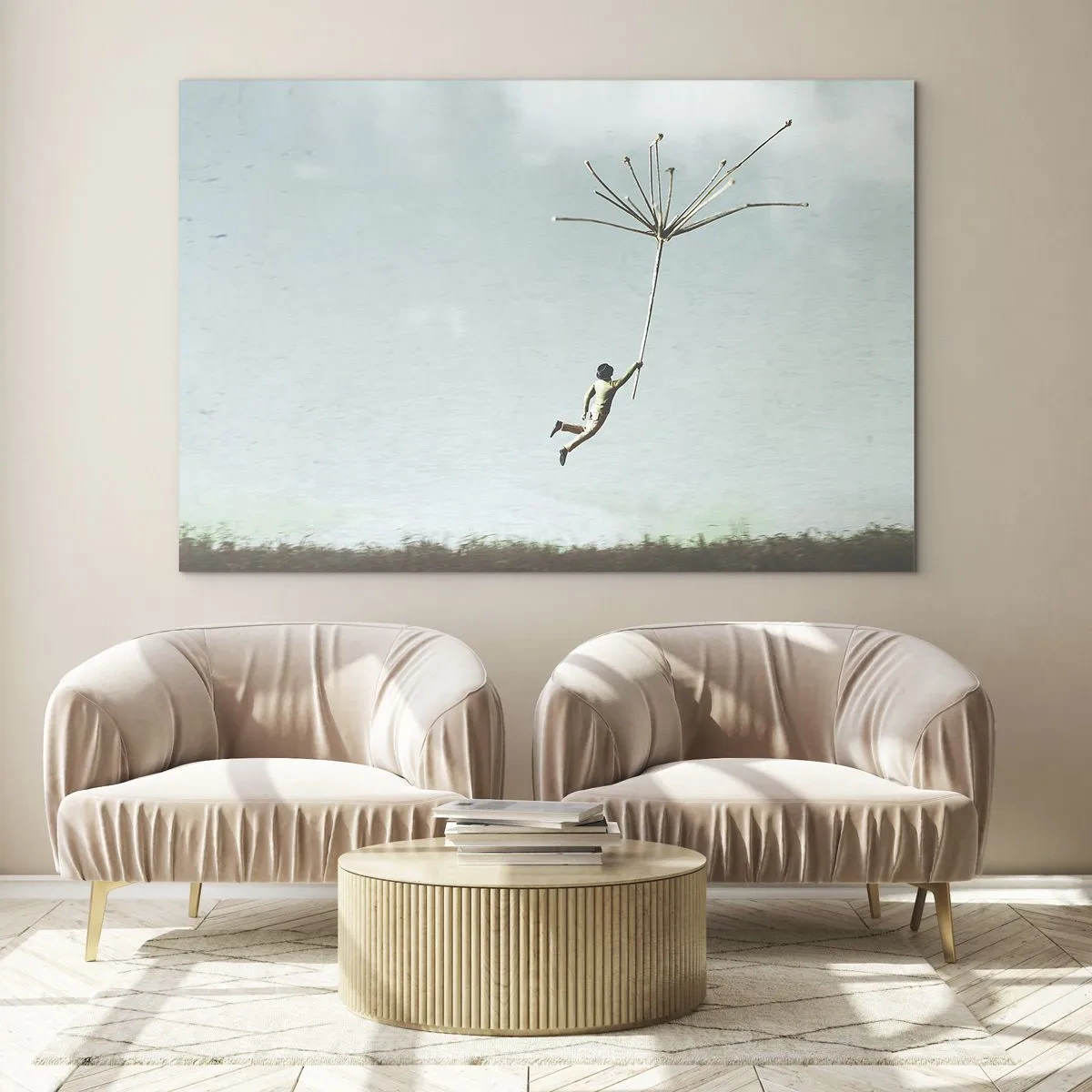 Cuadro sobre vidrio - Impresiones sobre Vidrio - Un niño volando con una semilla de diente de león sobre un prado. - 70x50cm - Bailando con la brisa - Decoración de pared moderna para salón y dormitorio ARTTOR