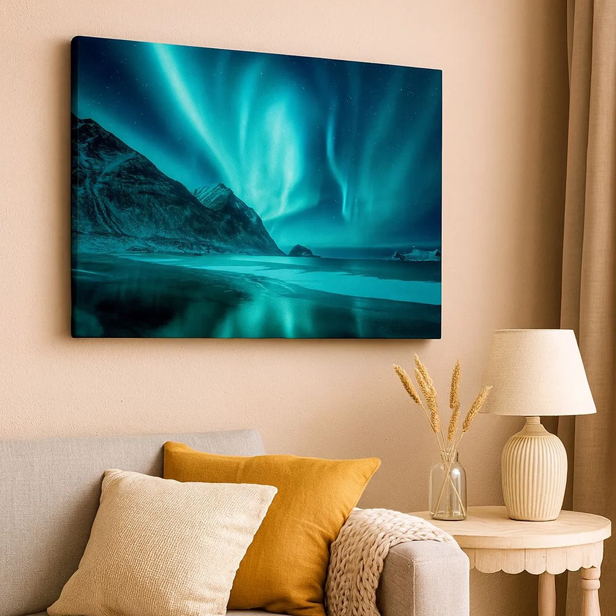 Cuadro sobre lienzo - Impresión de Imagen - Aurora boreal sobre un paisaje invernal montañoso - 70x50cm - Maravillas del norte - Decoración de pared moderna para salón y dormitorio ARTTOR